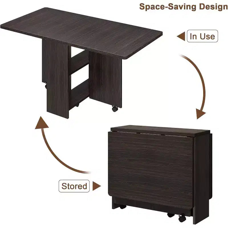 Table de salle à manger pliable et compacte pour 4 personnes avec abattant, 2 étagères de rangement et 6 roulettes pour une mobilité facile