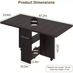 Table de salle à manger pliable et compacte pour 4 personnes avec abattant, 2 étagères de rangement et 6 roulettes pour une mobilité facile