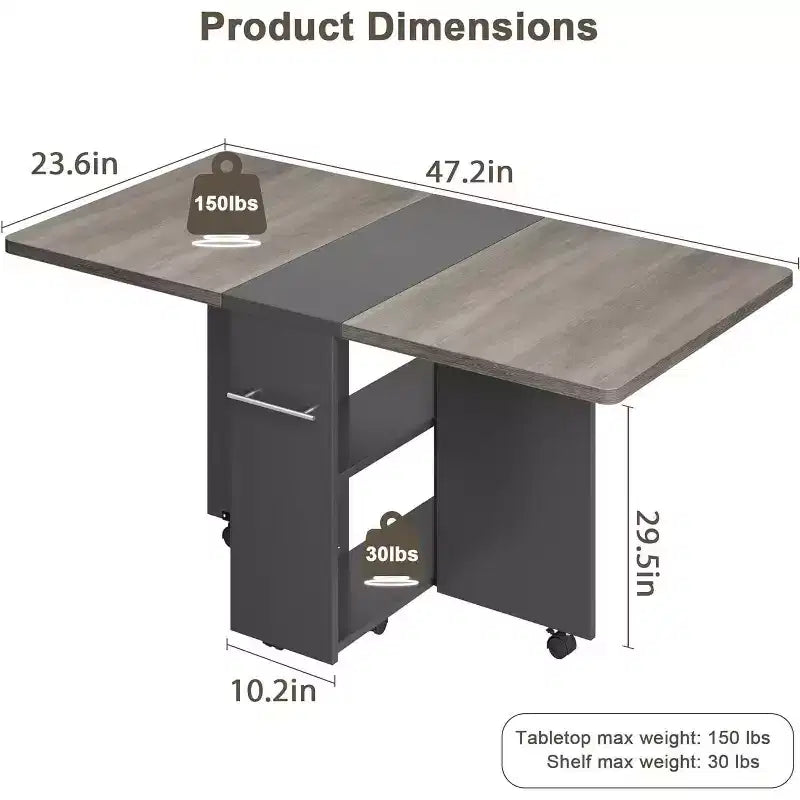 Table de salle à manger pliable et compacte pour 4 personnes avec abattant, 2 étagères de rangement et 6 roulettes pour une mobilité facile
