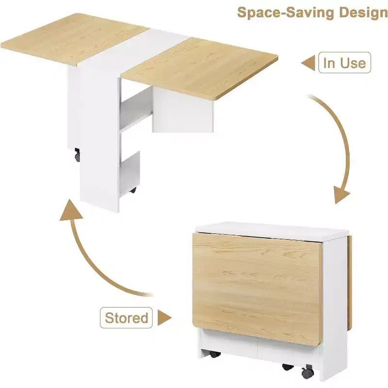 Table de salle à manger pliable et compacte pour 4 personnes avec abattant, 2 étagères de rangement et 6 roulettes pour une mobilité facile