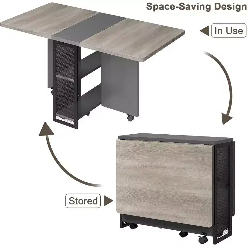 Table de salle à manger pliable et compacte pour 4 personnes avec abattant, 2 étagères de rangement et 6 roulettes pour une mobilité facile