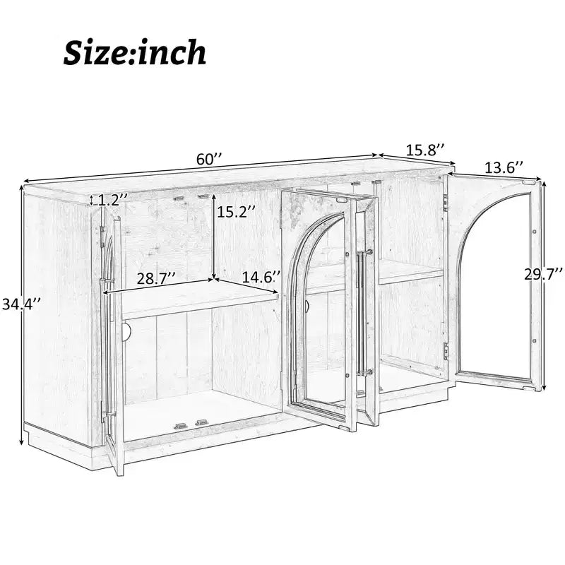 Meuble buffet de rangement Merax à 4 portes de style rétro avec verre arqué et étagères réglables
