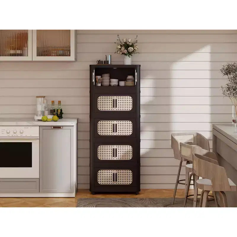 MAYEERTY 20 faces 4 niveaux armoire de rangement pliable en plastique avec porte magnétique et roues pour salon, marron rétro