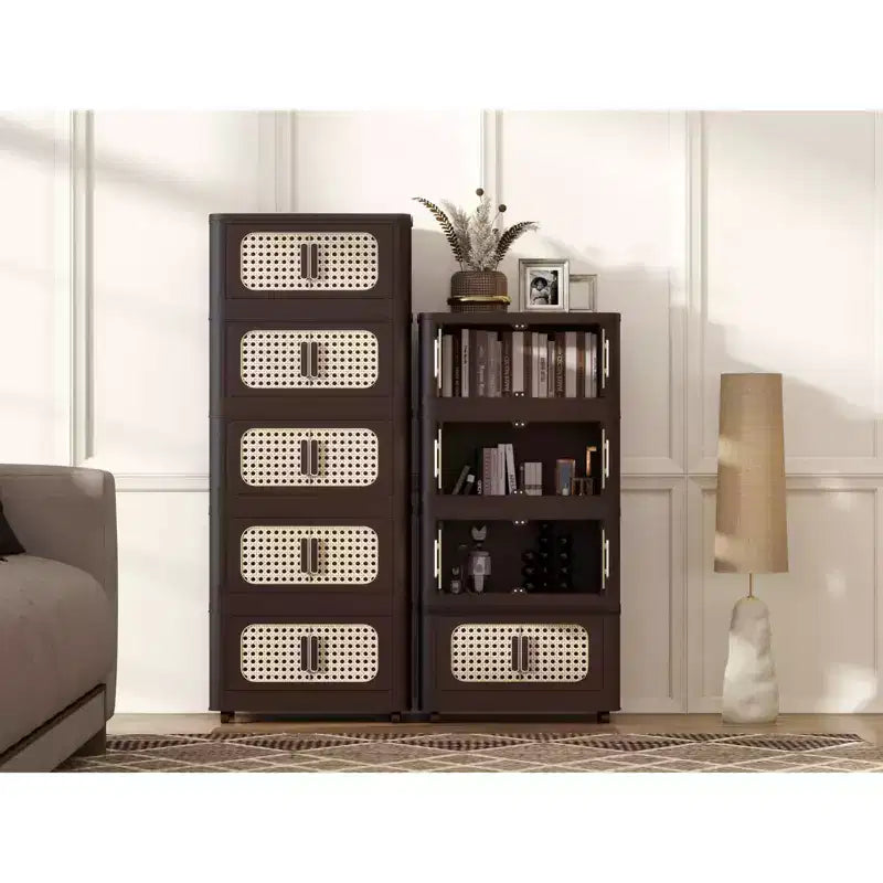 MAYEERTY 20 faces 4 niveaux armoire de rangement pliable en plastique avec porte magnétique et roues pour salon, marron rétro