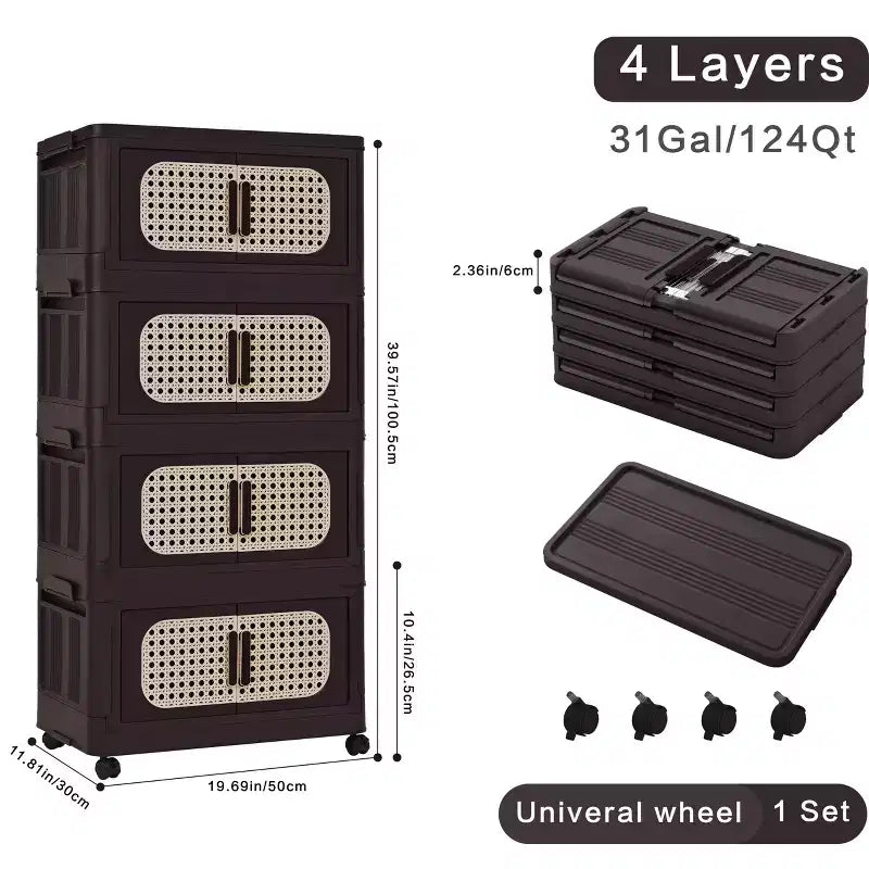 MAYEERTY 20 faces 4 niveaux armoire de rangement pliable en plastique avec porte magnétique et roues pour salon, marron rétro