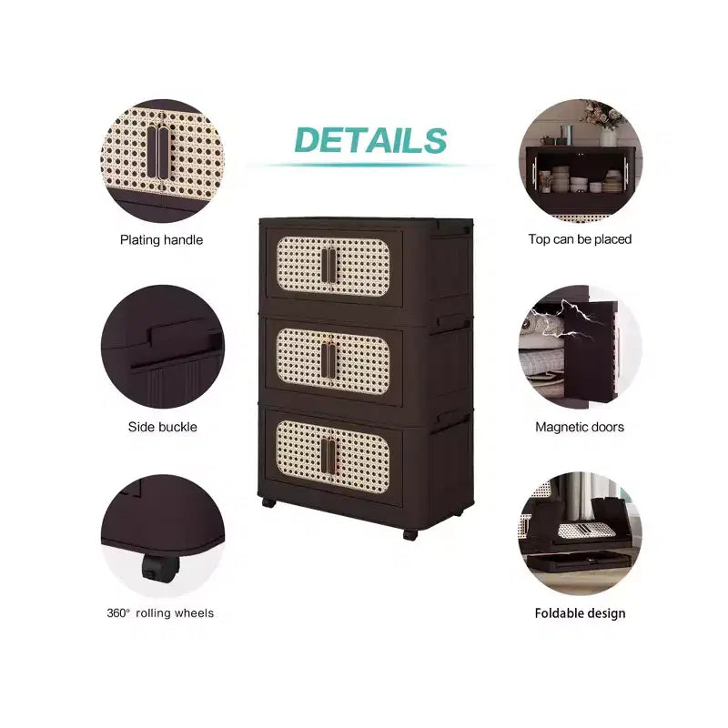 MAYEERTY 20 faces 4 niveaux armoire de rangement pliable en plastique avec porte magnétique et roues pour salon, marron rétro