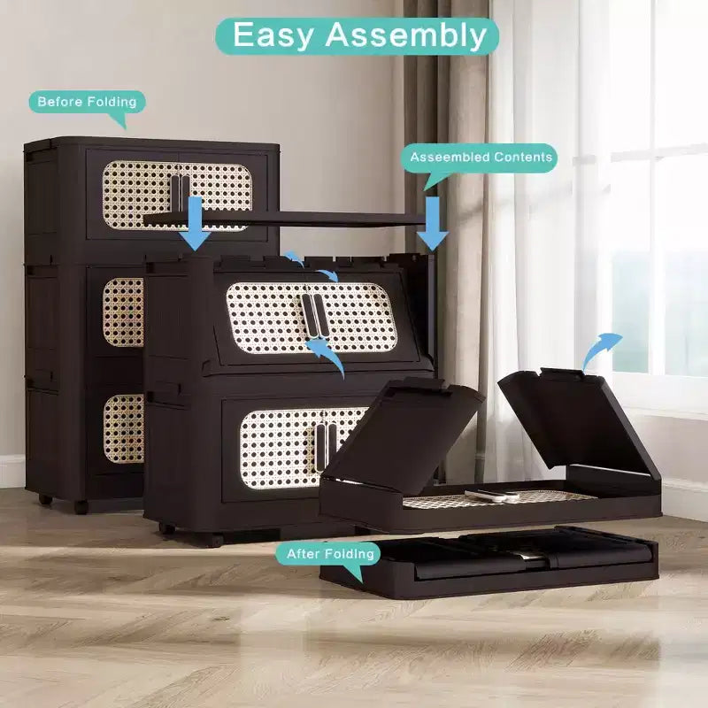 MAYEERTY 20 faces 4 niveaux armoire de rangement pliable en plastique avec porte magnétique et roues pour salon, marron rétro