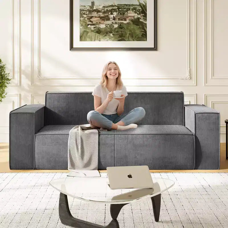 Mjkone Canapé deux places en tissu velours sans pieds avec accoudoirs élargis, rembourré 2 places pour salon