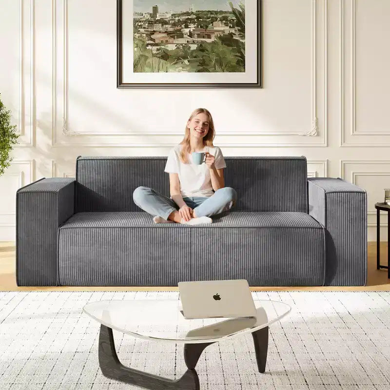 Mjkone Canapé deux places en tissu velours sans pieds avec accoudoirs élargis, rembourré 2 places pour salon