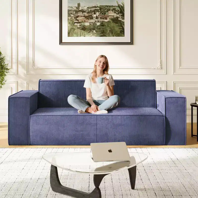 Mjkone Canapé deux places en tissu velours sans pieds avec accoudoirs élargis, rembourré 2 places pour salon