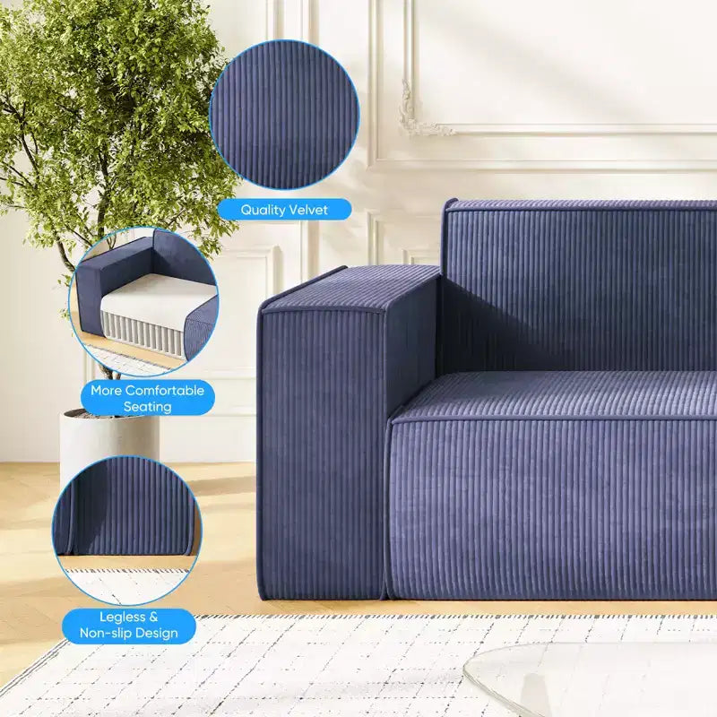 Mjkone Canapé deux places en tissu velours sans pieds avec accoudoirs élargis, rembourré 2 places pour salon