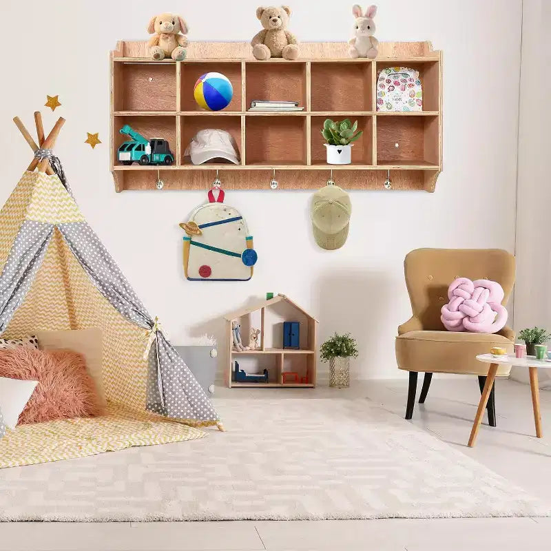GustoWave Meuble de Rangement à 10 Casiers avec Crochets et Étagère pour Jouets d'Enfants