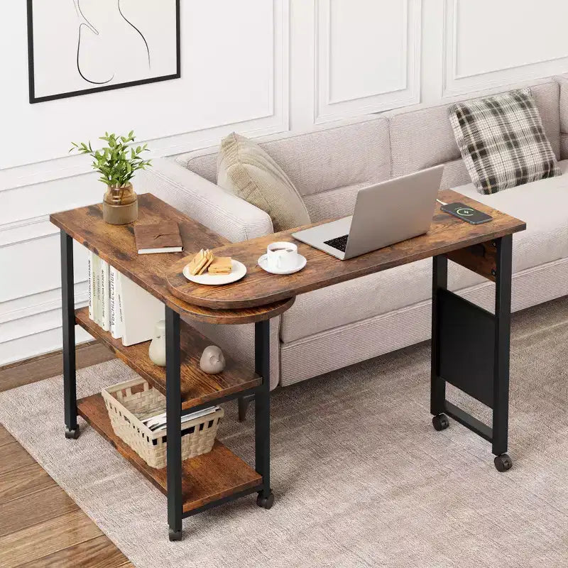 Table d'appoint pivotante Acekool 360° avec station de charge, 3 niveaux de rangement, roulettes verrouillables et sac latéral – Table de chevet/d'appoint mobile pour salon et chambre
