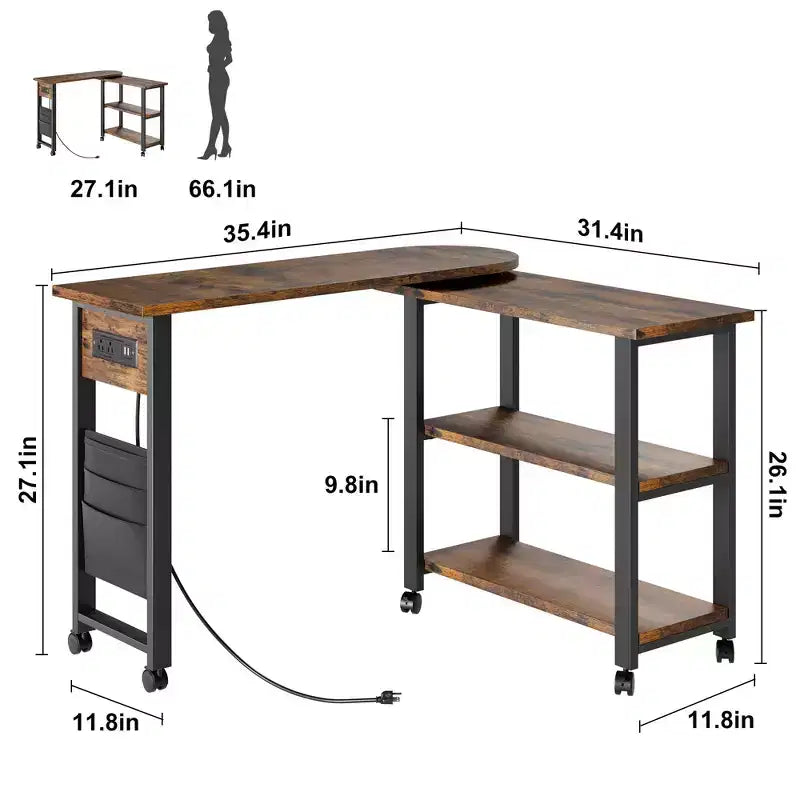 Table d'appoint pivotante Acekool 360° avec station de charge, 3 niveaux de rangement, roulettes verrouillables et sac latéral – Table de chevet/d'appoint mobile pour salon et chambre