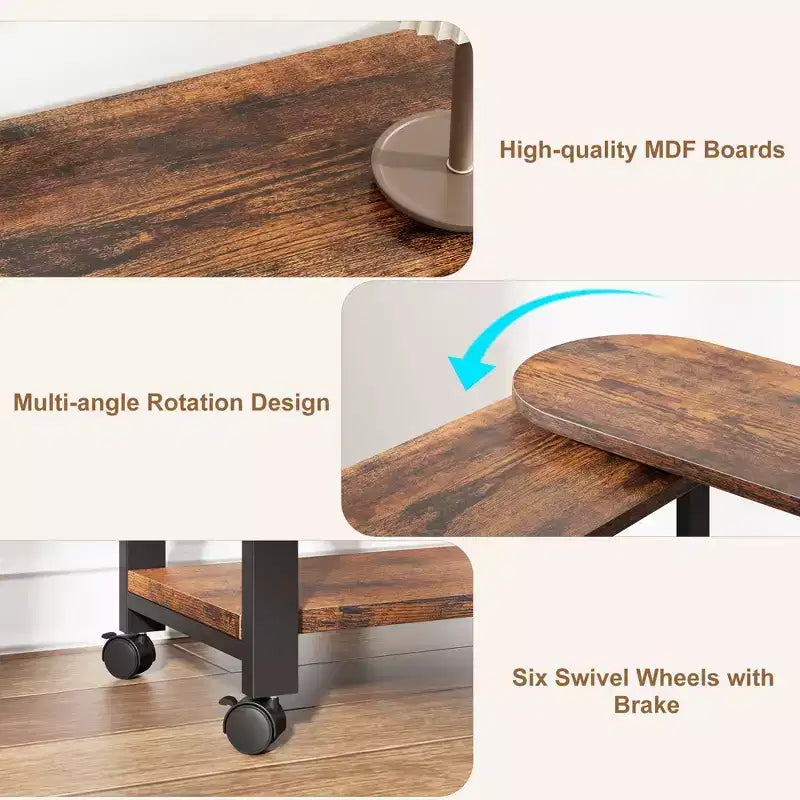 Table d'appoint pivotante Acekool 360° avec station de charge, 3 niveaux de rangement, roulettes verrouillables et sac latéral – Table de chevet/d'appoint mobile pour salon et chambre