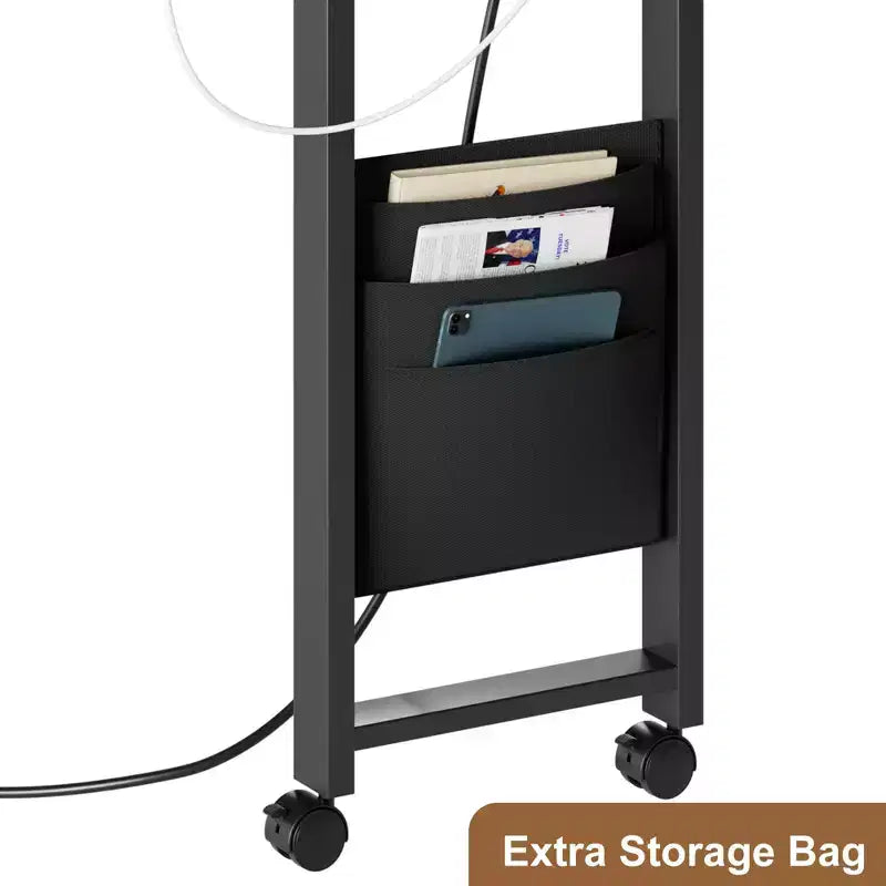 Table d'appoint pivotante Acekool 360° avec station de charge, 3 niveaux de rangement, roulettes verrouillables et sac latéral – Table de chevet/d'appoint mobile pour salon et chambre