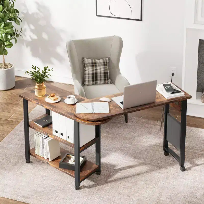 Table d'appoint pivotante Acekool 360° avec station de charge, 3 niveaux de rangement, roulettes verrouillables et sac latéral – Table de chevet/d'appoint mobile pour salon et chambre