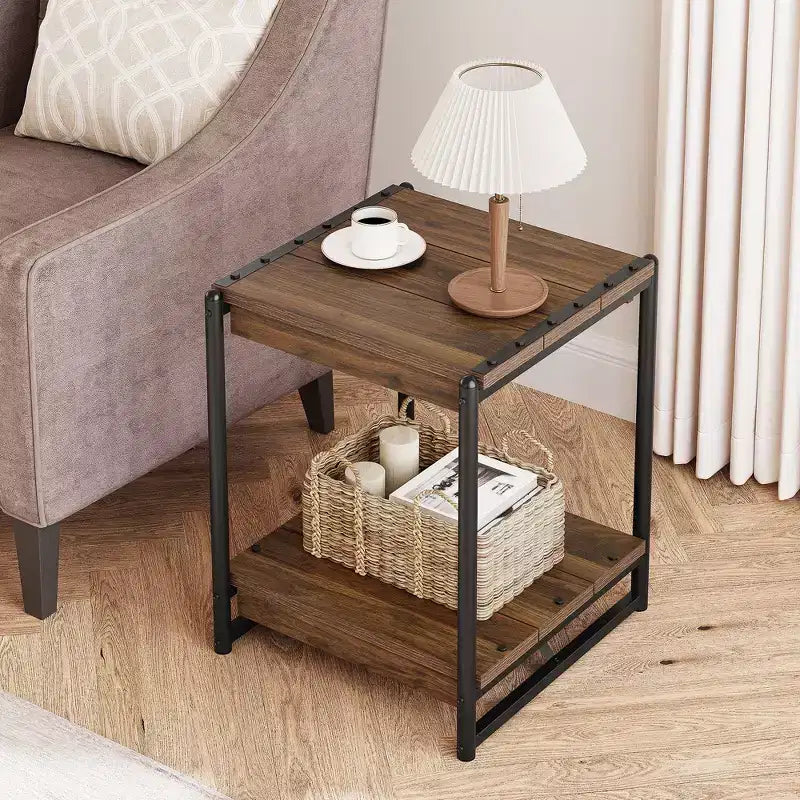 Table d'appoint pivotante Acekool 360° avec station de charge, 3 niveaux de rangement, roulettes verrouillables et sac latéral – Table de chevet/d'appoint mobile pour salon et chambre