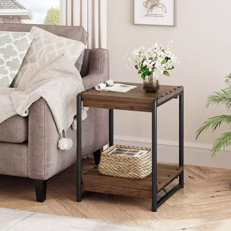 Table d'appoint pivotante Acekool 360° avec station de charge, 3 niveaux de rangement, roulettes verrouillables et sac latéral – Table de chevet/d'appoint mobile pour salon et chambre