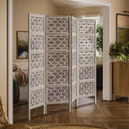 Royal Hampton 4 Panel Folding Room Divider Screen with Floral Carved Design in Mango Wood