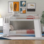 Lit superposé Okak Twin Over Twin au sol avec toboggan et escalier convertibles, lit superposé surélevé en bois de pin massif pour enfants, filles, garçons, facile à assembler