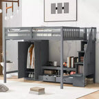 Lit superposé en bois pleine grandeur Okak avec armoire intégrée, escalier de rangement, lit superposé mezzanine avec table basse de rangement pour adolescents, facile à assembler, Blanc/Gris