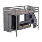 Lit superposé en bois pleine grandeur Okak avec armoire intégrée, escalier de rangement, lit superposé mezzanine avec table basse de rangement pour adolescents, facile à assembler, Blanc/Gris