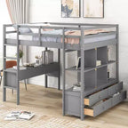 Lit superposé Okak en pin pleine grandeur avec bureau intégré et armoires de rangement, lit mezzanine avec 2 tiroirs pour adolescents, facile à assembler, blanc/gris