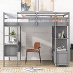 Lit superposé Okak en pin pleine grandeur avec bureau intégré et armoires de rangement, lit mezzanine avec 2 tiroirs pour adolescents, facile à assembler, blanc/gris