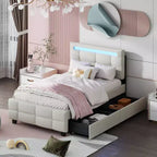 Okak Twin Upholstered Platform Bed Frame with 2 Drawers Modern Solid Wood Bed with LED Frame Noise-Free Easy to Assemble