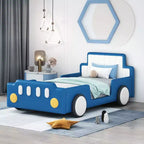 Cadre de lit double Okak avec roulettes, tête de lit rembourrée, lit en forme de voiture avec barrières de sécurité pour enfants, lattes en bois solides, assemblage facile