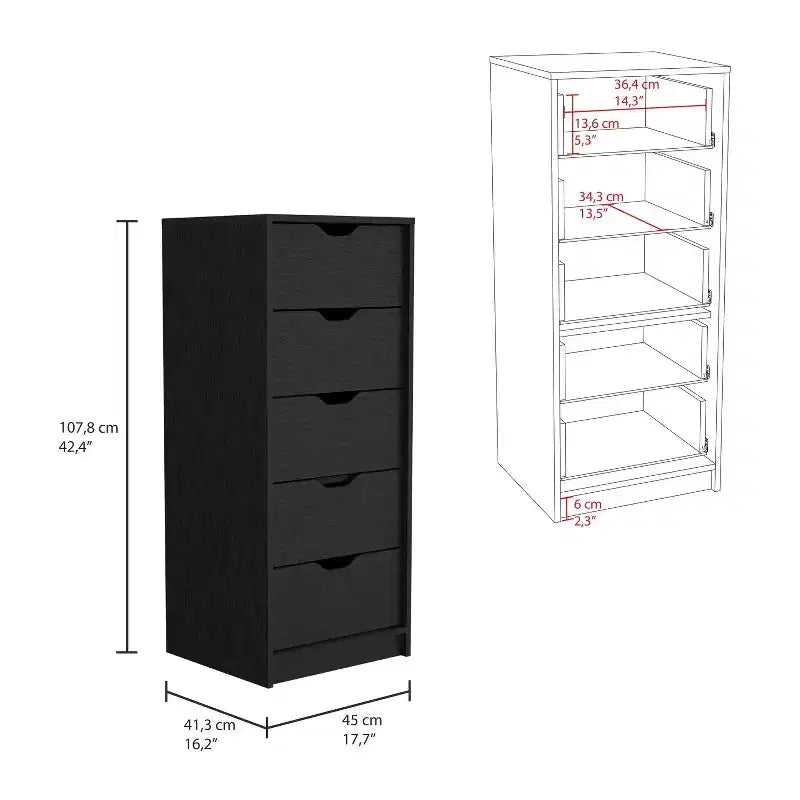 Commode haute et étroite Okak pour chambre à coucher avec 5 tiroirs, commode de rangement avec système coulissant pour placard, chevet, salon, couloir