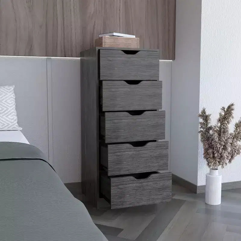 Commode haute et étroite Okak pour chambre à coucher avec 5 tiroirs, commode de rangement avec système coulissant pour placard, chevet, salon, couloir