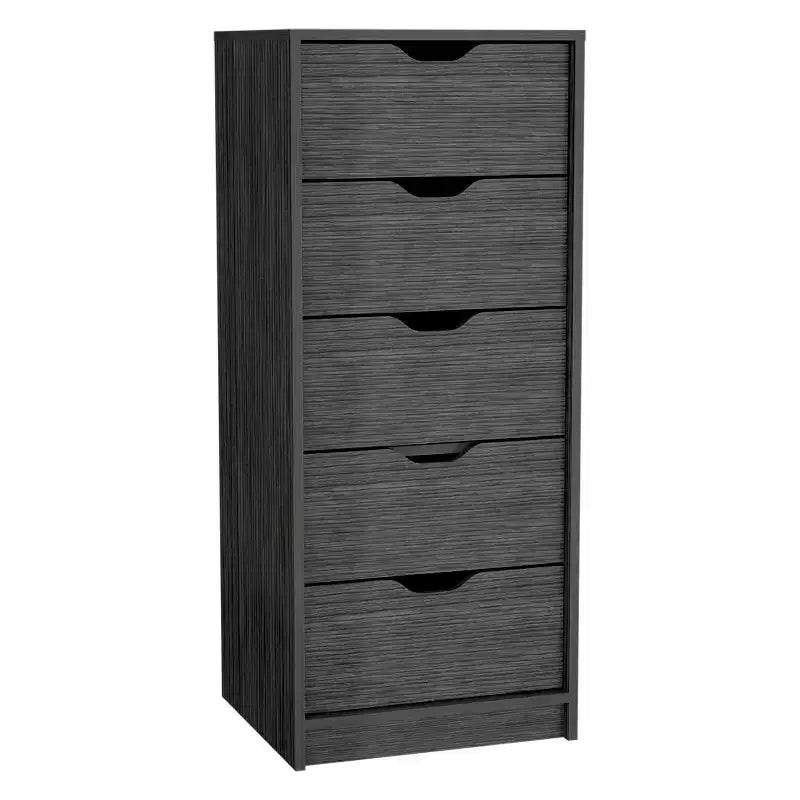 Commode haute et étroite Okak pour chambre à coucher avec 5 tiroirs, commode de rangement avec système coulissant pour placard, chevet, salon, couloir