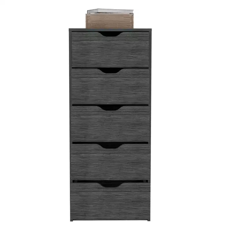 Commode haute et étroite Okak pour chambre à coucher avec 5 tiroirs, commode de rangement avec système coulissant pour placard, chevet, salon, couloir