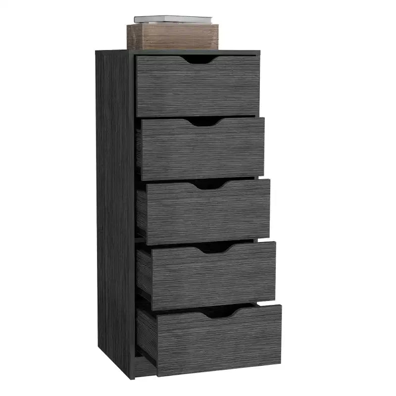 Commode haute et étroite Okak pour chambre à coucher avec 5 tiroirs, commode de rangement avec système coulissant pour placard, chevet, salon, couloir