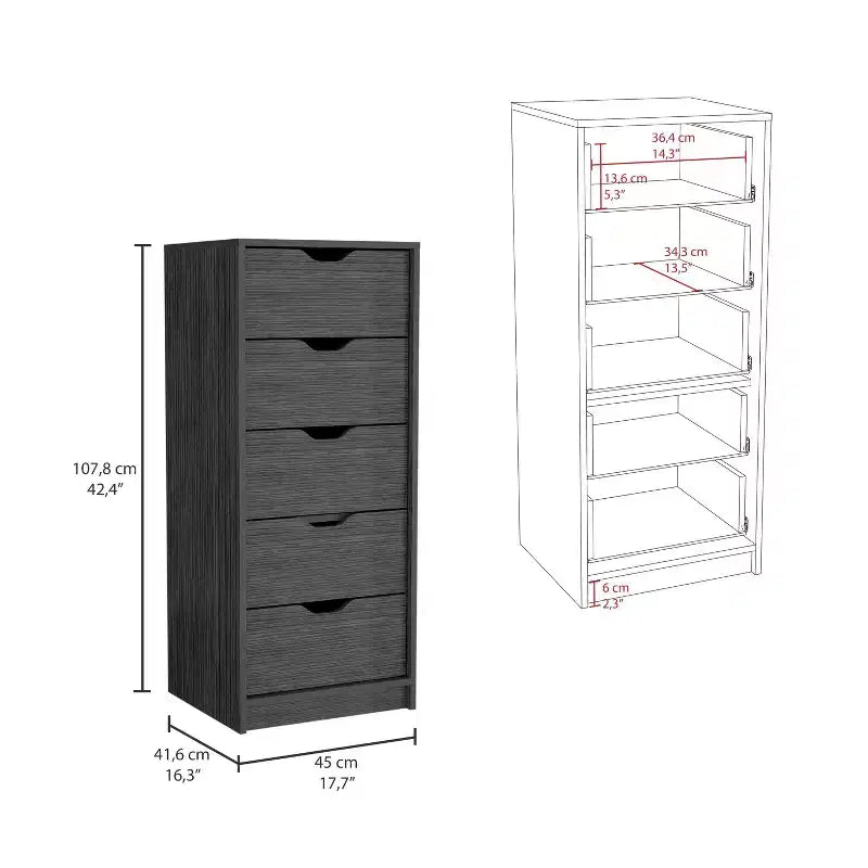 Commode haute et étroite Okak pour chambre à coucher avec 5 tiroirs, commode de rangement avec système coulissant pour placard, chevet, salon, couloir