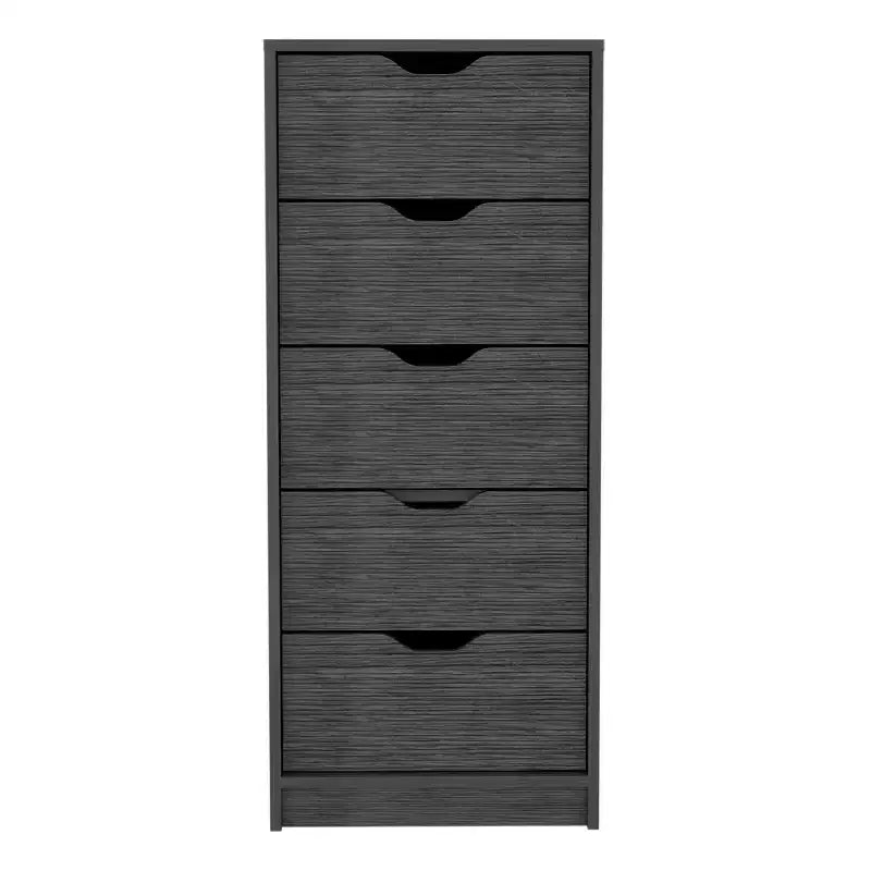 Commode haute et étroite Okak pour chambre à coucher avec 5 tiroirs, commode de rangement avec système coulissant pour placard, chevet, salon, couloir