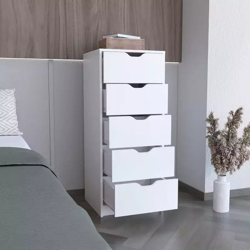 Commode haute et étroite Okak pour chambre à coucher avec 5 tiroirs, commode de rangement avec système coulissant pour placard, chevet, salon, couloir