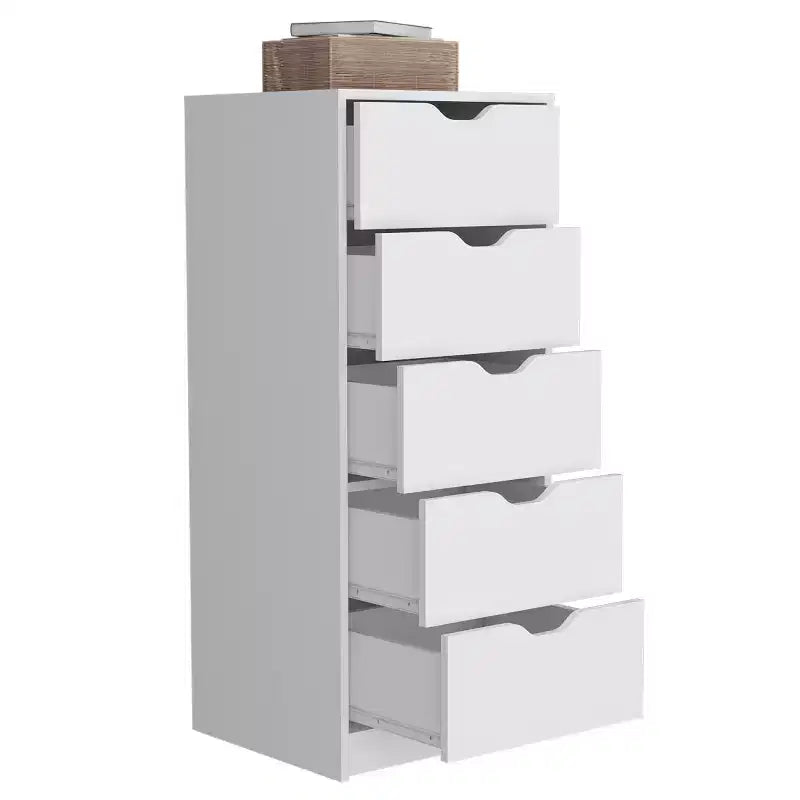 Commode haute et étroite Okak pour chambre à coucher avec 5 tiroirs, commode de rangement avec système coulissant pour placard, chevet, salon, couloir