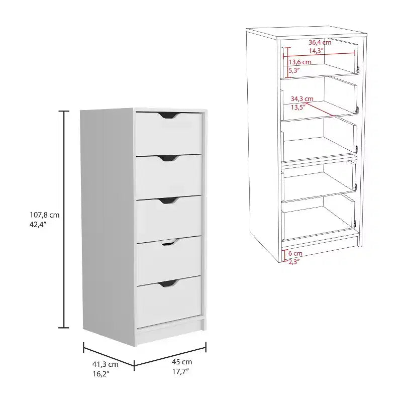 Commode haute et étroite Okak pour chambre à coucher avec 5 tiroirs, commode de rangement avec système coulissant pour placard, chevet, salon, couloir