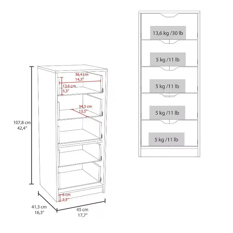 Commode haute et étroite Okak pour chambre à coucher avec 5 tiroirs, commode de rangement avec système coulissant pour placard, chevet, salon, couloir