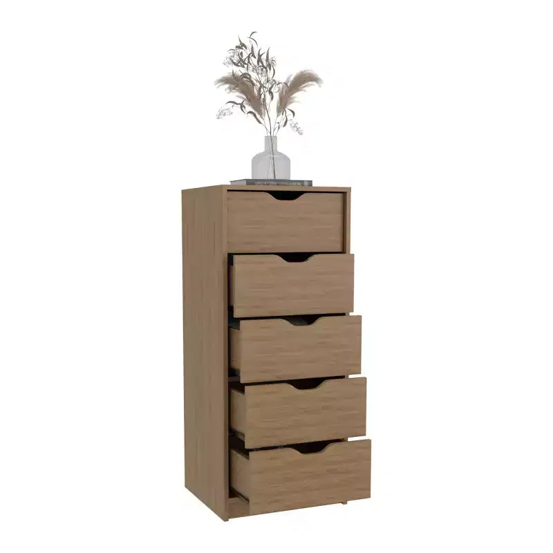 Commode haute et étroite Okak pour chambre à coucher avec 5 tiroirs, commode de rangement avec système coulissant pour placard, chevet, salon, couloir
