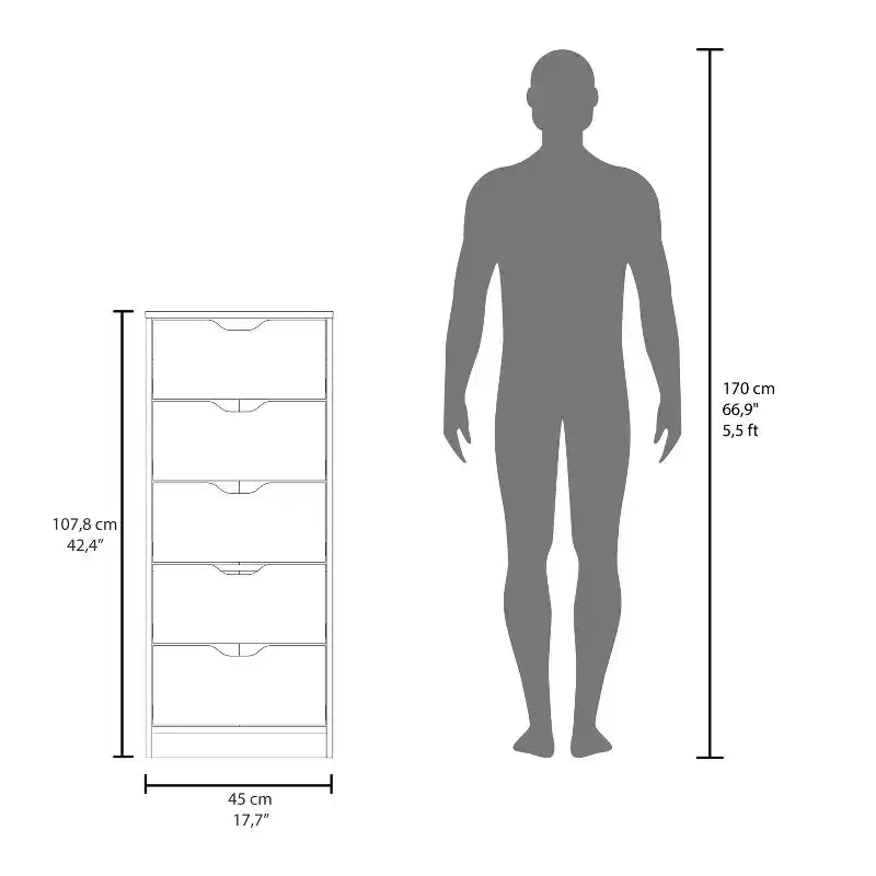 Commode haute et étroite Okak pour chambre à coucher avec 5 tiroirs, commode de rangement avec système coulissant pour placard, chevet, salon, couloir