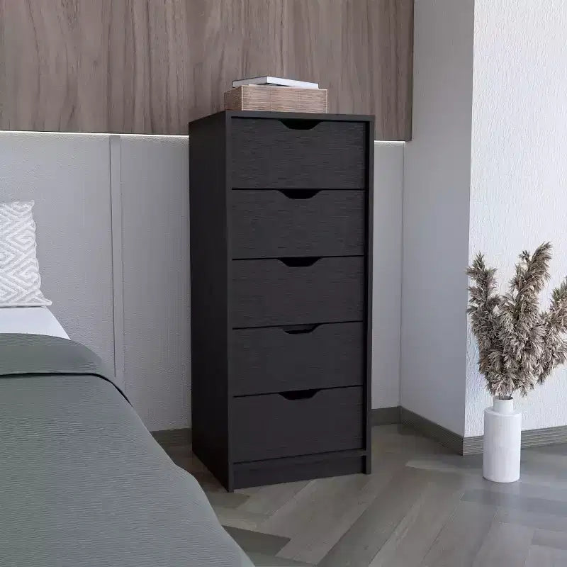 Commode haute et étroite Okak pour chambre à coucher avec 5 tiroirs, commode de rangement avec système coulissant pour placard, chevet, salon, couloir