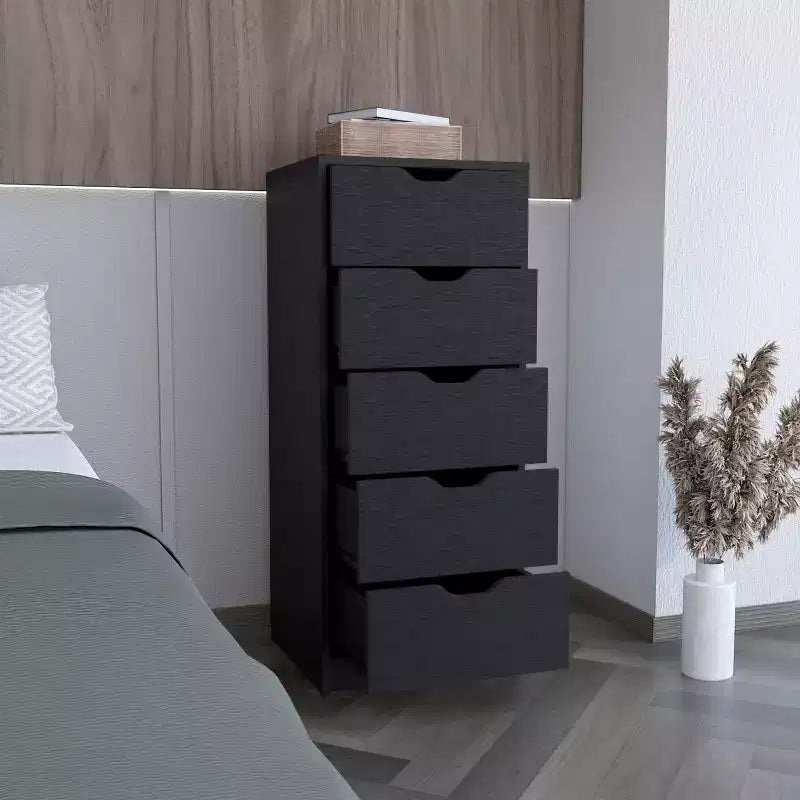 Commode haute et étroite Okak pour chambre à coucher avec 5 tiroirs, commode de rangement avec système coulissant pour placard, chevet, salon, couloir
