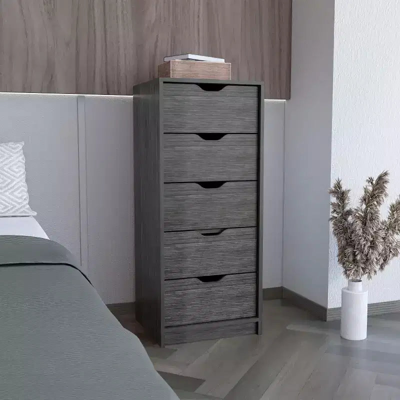 Commode haute et étroite Okak pour chambre à coucher avec 5 tiroirs, commode de rangement avec système coulissant pour placard, chevet, salon, couloir