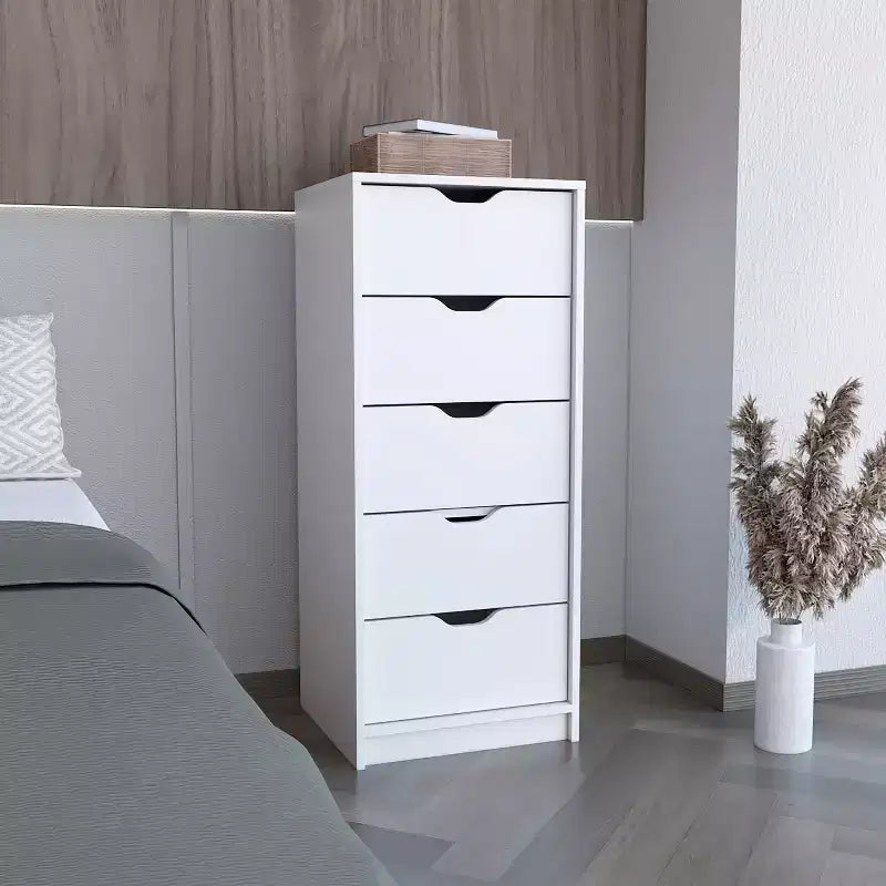 Commode haute et étroite Okak pour chambre à coucher avec 5 tiroirs, commode de rangement avec système coulissant pour placard, chevet, salon, couloir