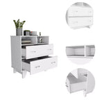 Commode de chambre à coucher moderne Okak avec 2 grands tiroirs et 2 étagères ouvertes, meuble de rangement à quatre pieds pour salon, couloir, entrée