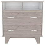 Commode de chambre à coucher moderne Okak avec 2 grands tiroirs et 2 étagères ouvertes, meuble de rangement à quatre pieds pour salon, couloir, entrée